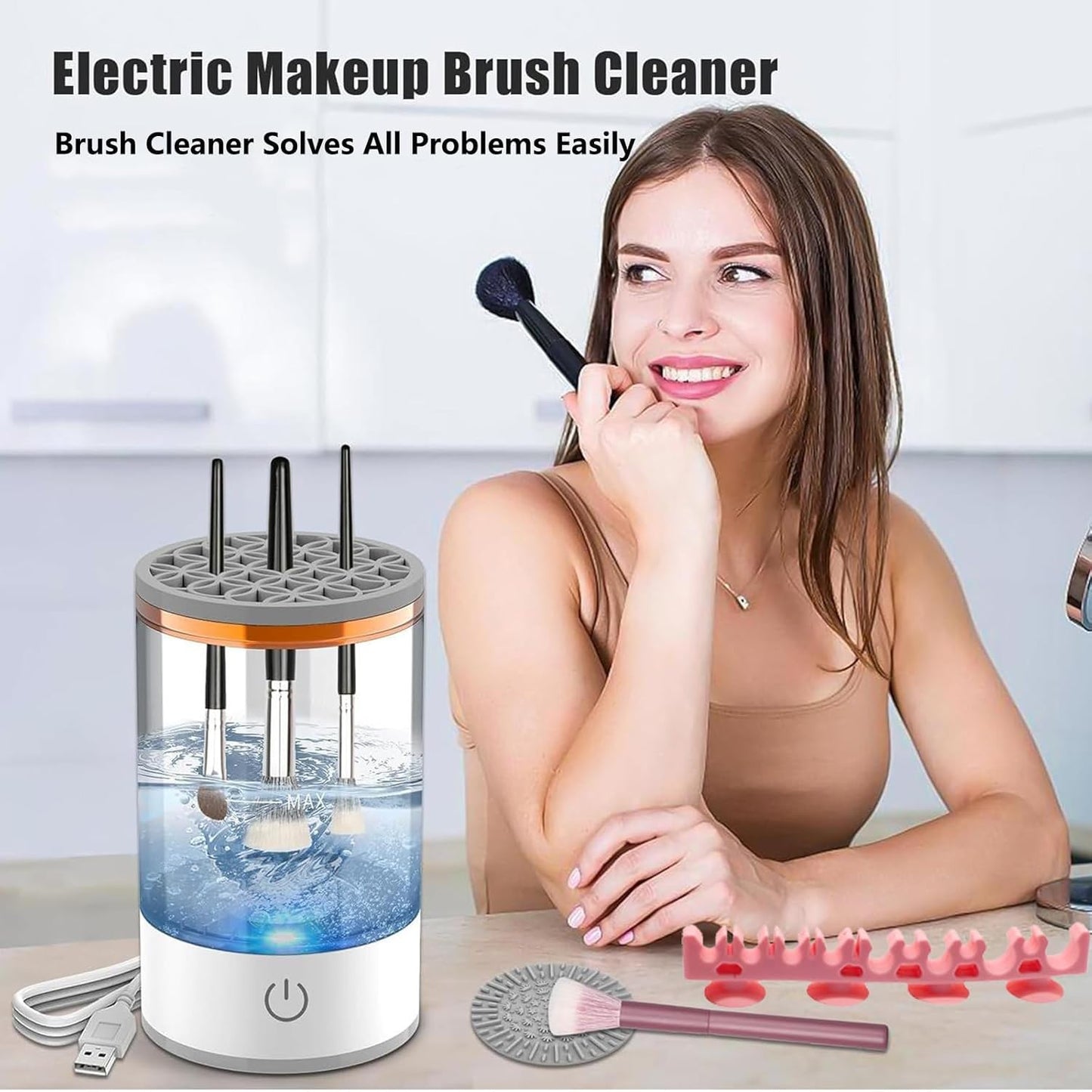 Makeup Brush Cleaner Machine, Portable Electric Makeup Brush Cleaner, Efficient Deep Cleaning Makeup Brushes, Automatic Spinning Make Up Brush Cleaner Fit for All Size Cosmetic Brush (White)-GlimoraGlow