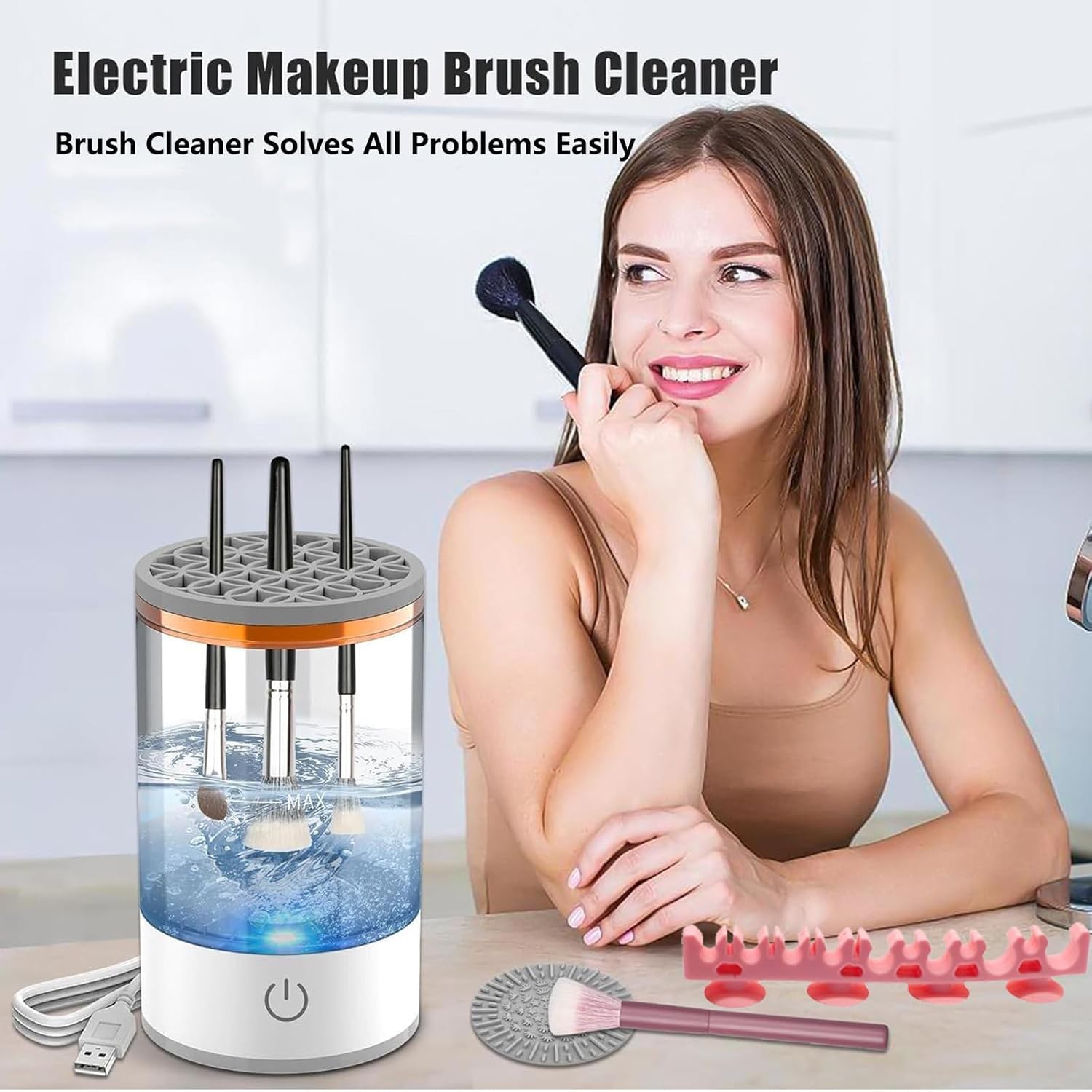 Makeup Brush Cleaner Machine, Portable Electric Makeup Brush Cleaner, Efficient Deep Cleaning Makeup Brushes, Automatic Spinning Make Up Brush Cleaner Fit for All Size Cosmetic Brush (White)-GlimoraGlow
