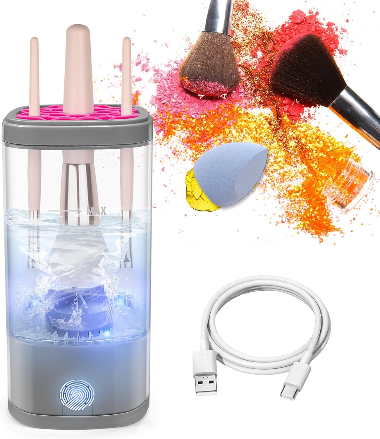 Electric Makeup Brush Cleaner Machine, Ultimate Efficient Automatic Cleaner for All Types of Makeup Brushes - Gray Pink-GlimoraGlow