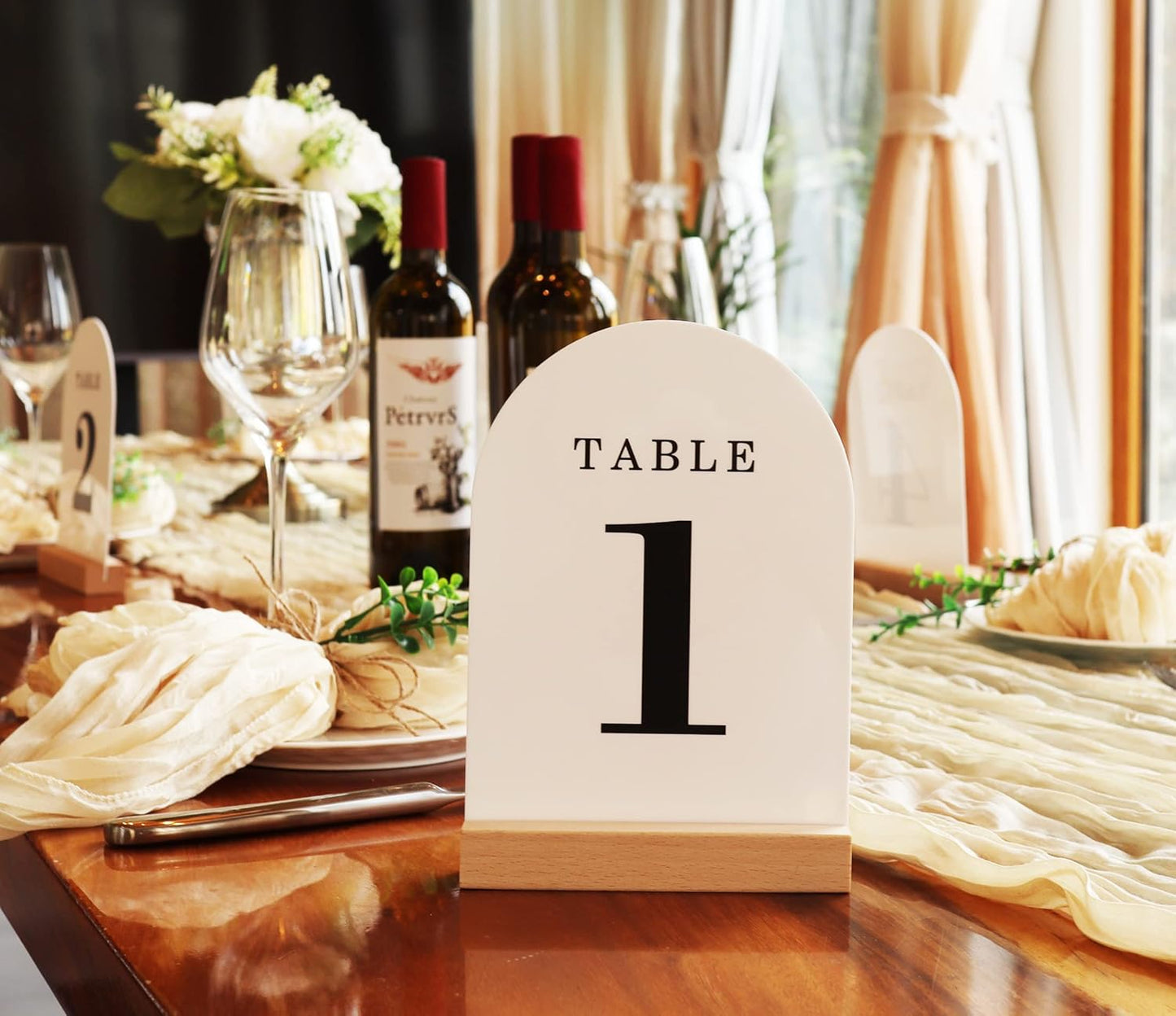 Wedding Table Numbers 1-20, Acrylic Arch Signs with Natural Wood Stands Holders, Rustic Table Decor for Reception & Parties (White Black)