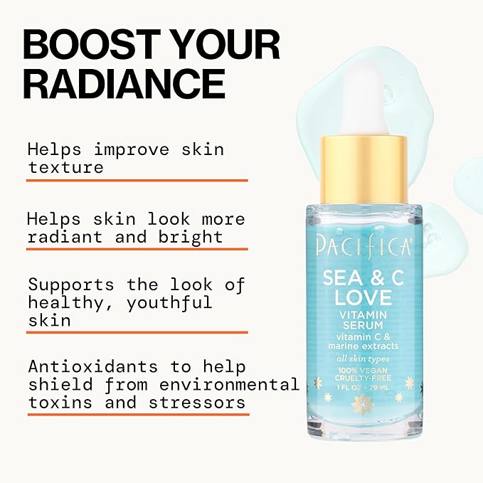 Pacifica Beauty Sea and C Love Vitamin C Serum, Skincare, Hyaluronic Acid, Green Tea, Marine Extracts, Blue Light Protection, Brightening, Lightweight, Face Care, Skin Care Serum, 1 fl oz (1 Count)-GlimoraGlow