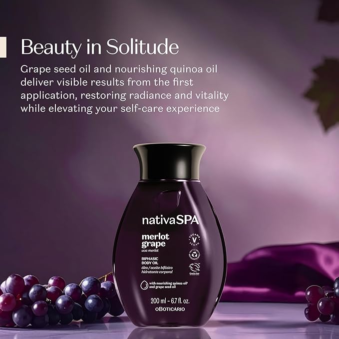 Nativa SPA by O Boticário Merlot Grape Biphase Body Oil, with Quinoa & Grapeseed Oils, Silky Glow with Hydration, 6.7 Ounce (200ml)-GlimoraGlow