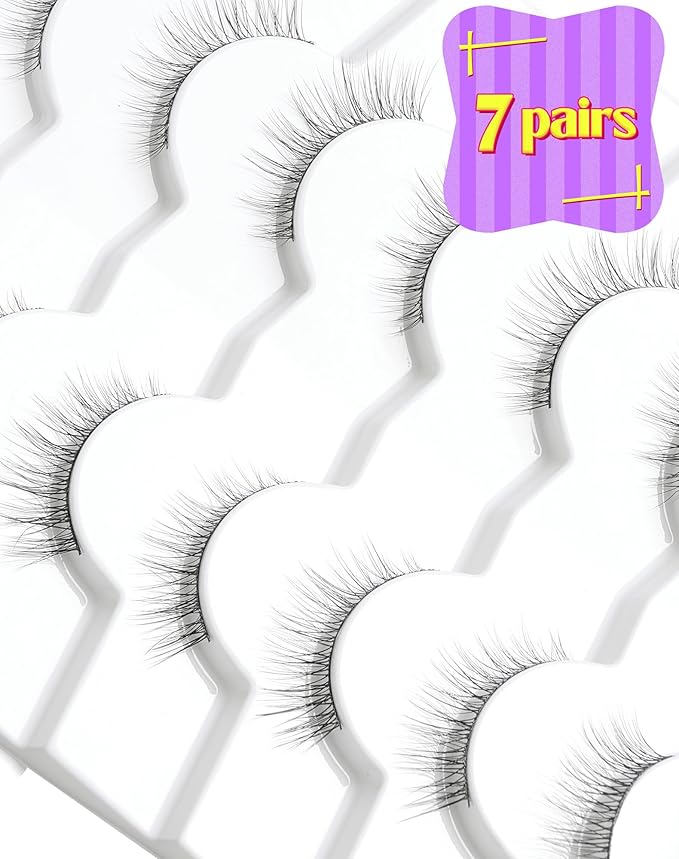 Onlyall Natural Lashes Wispy Lashes Natural Look False Eyelashes Natural Flared Eyelashes False Eye Lashes Soft Fluffy Lashes 7 Pairs DK32, Black-GlimoraGlow