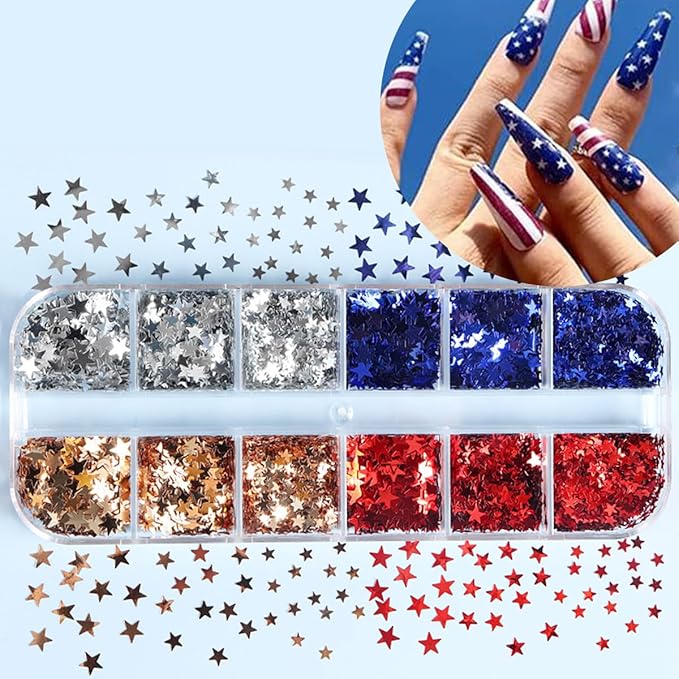 12 Grid July 4th Nail Art Glitter Sequins Independence Day Star Nail Decal Gold Glitter Flakes for Women-GlimoraGlow