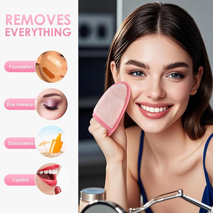 SINLAND Reusable Makeup Remover Pads For Face,Eye,Lips Microfiber Gentle Facial Cleansing Cloths for All Skin Types Friendly for Makeup Remover With Laundry Bag 5.1inchx3.93inch Pink Pack of 6-GlimoraGlow