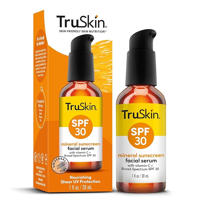 TruSkin Sunscreen Serum for Face – SPF 30 Universal Tinted Mineral Sunscreen Face Serum – Lightweight Transparent Finish – Zinc Oxide, Vitamin C, Hyaluronic Acid, Ceramides, All Skin Types, 1 fl oz-GlimoraGlow
