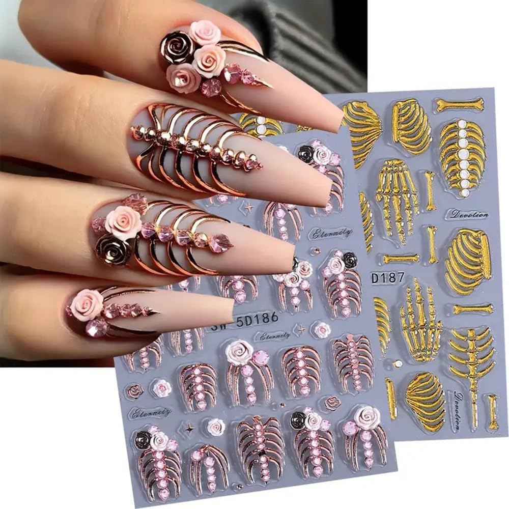 2 Sheets 5D Embossed Skull & Bone Nail Decals for Nail Art Self-Adhesive Halloween Nail Stickers Pink Hand Bone Rose Flower Nail Art Stickers Scary Gold Bones Design Decals for Women Nail Accessories-GlimoraGlow