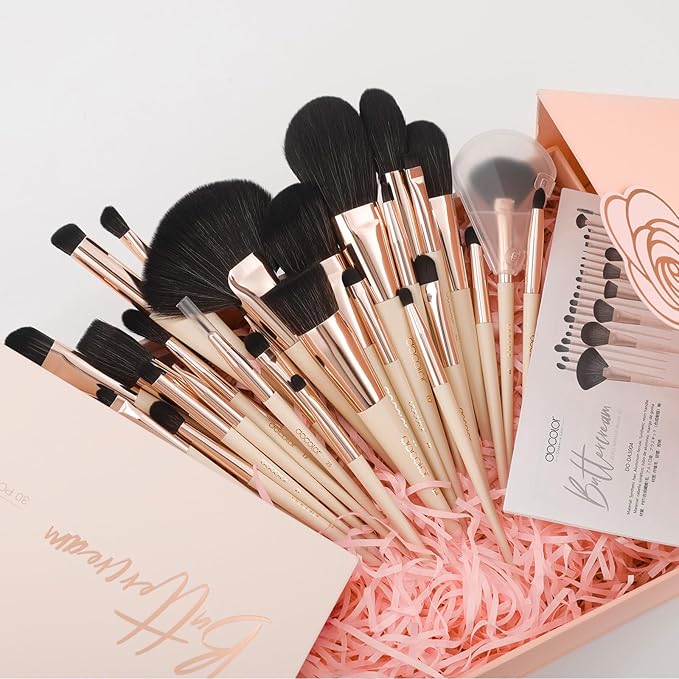 Docolor Makeup Brushes Set Professional 30Pcs Makeup Brushes Premium Synthetic Powder Kabuki Foundation Contour Blush Concealer Eye Shadow Blending Eyeliner Crease Eyebrow Make Up Brush Kit - Beige-GlimoraGlow