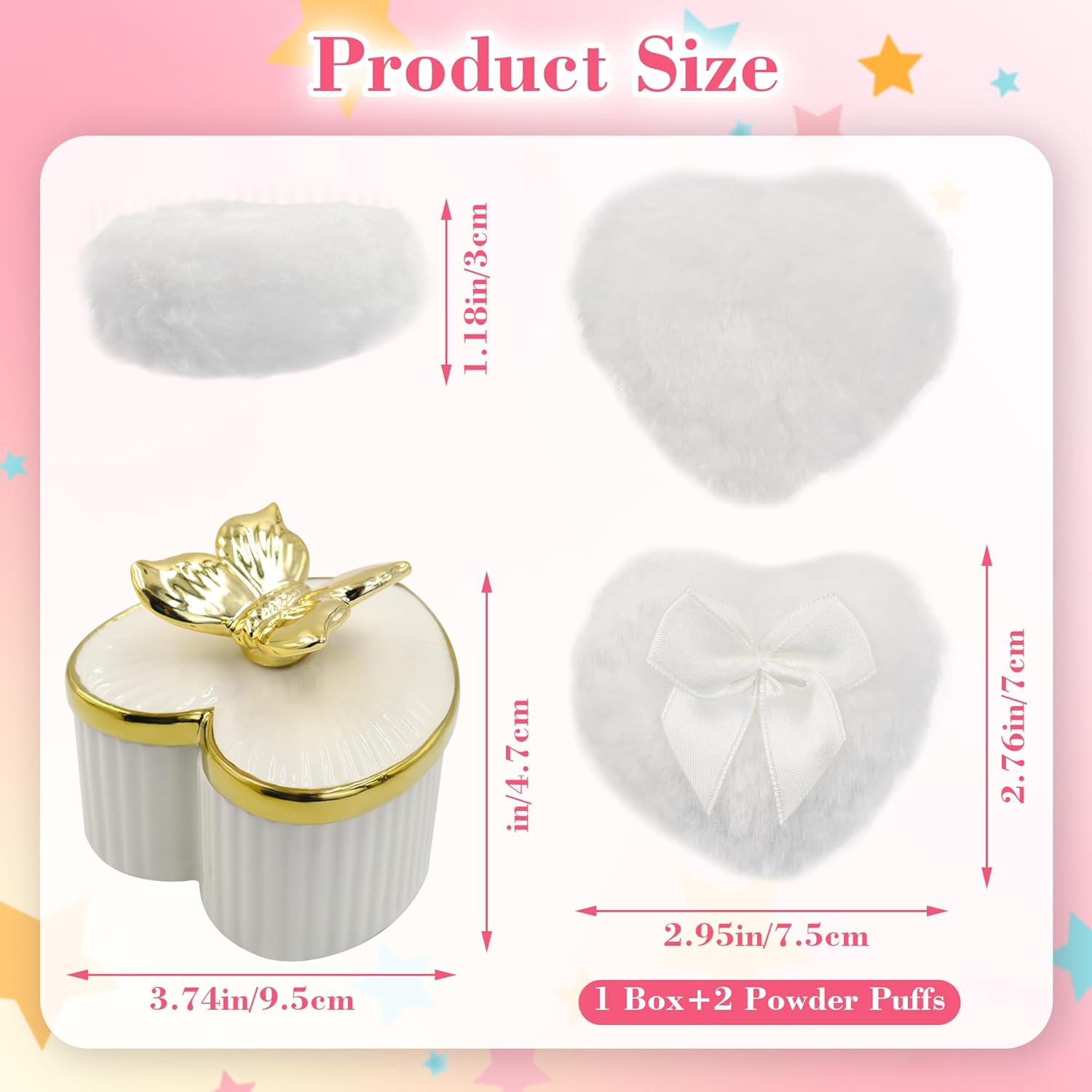 Large Body Powder Puff and Container, Ceramics Dusting Powder Container with 2 PCS Washable Heart Shaped Body Puff, Butterfly Dusting Case for Wet and Dry Makeup (White)-GlimoraGlow