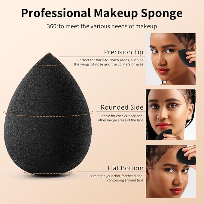 BEAKEY Makeup Sponge Set, 5 Pcs Foundation Blending Sponge, Beauty Sponges Flawless for Liquid, Cream, and Powder, Latex-Free and Vegan Boun Boun Sponges, Makeup Sponges Black-GlimoraGlow