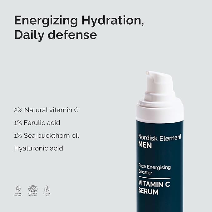 Nordisk Element Vitamin C Face Serum for Men, Anti-aging formula, Improve Appearance of Dark Spots, Tone, Fine Lines & Wrinkles, with Natural Vitamin C & Hyaluronic Acid, 1 Fl Oz-GlimoraGlow