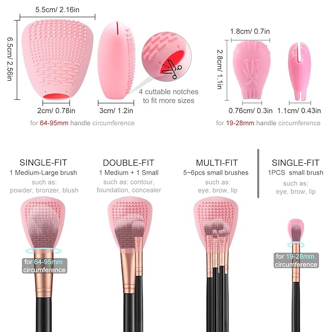 Silicone Travel Make-up Brush Holder with Cleaner Mat Pad, Organizer Case Covers for Foundation Eye Lip Brushes Storage Cleaning, Gift for Women Girl-friend Mother Wife, 5-Pcs Large + 7 Small, Pink-GlimoraGlow