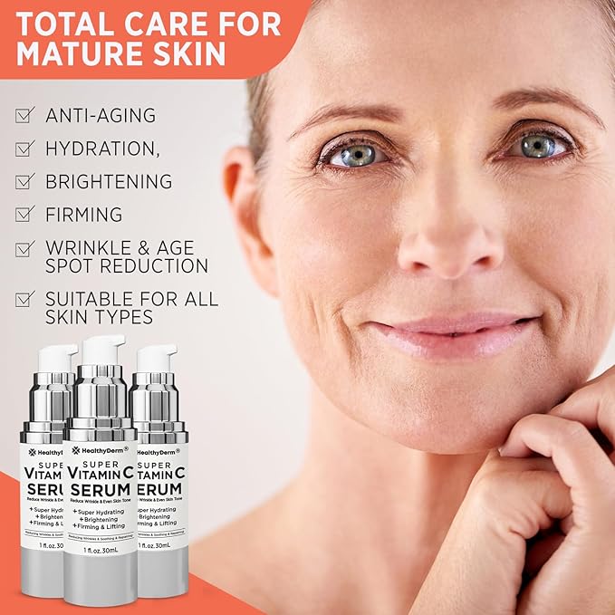 Super Vitamin C Serum for Women Over 70: Niacinamide, Vitamin C, Hyaluronic Acid, Peptides, Vitamin E, Caffeine, Bakuchiol, Hydrating, Lifting, Wrinkle & Age Spots Reduction Pack of 3-GlimoraGlow