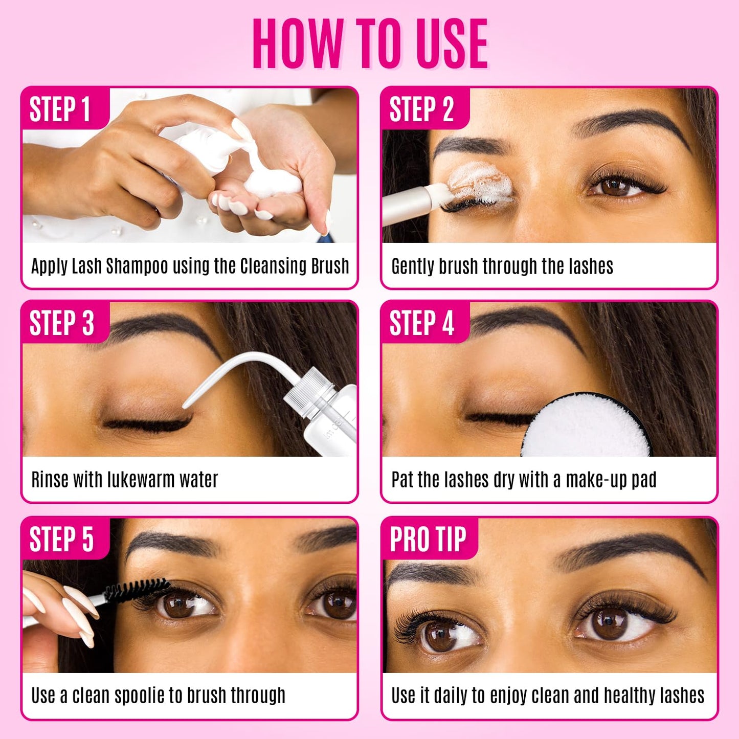 STACY LASH Lash Shampoo Kit Foaming Cleanser with Eye Lash Spoolies & Rinse Bottle & Cleansing Pad & Brush for Eyelash Extensions & Clusters & Natural Eyelashes-GlimoraGlow