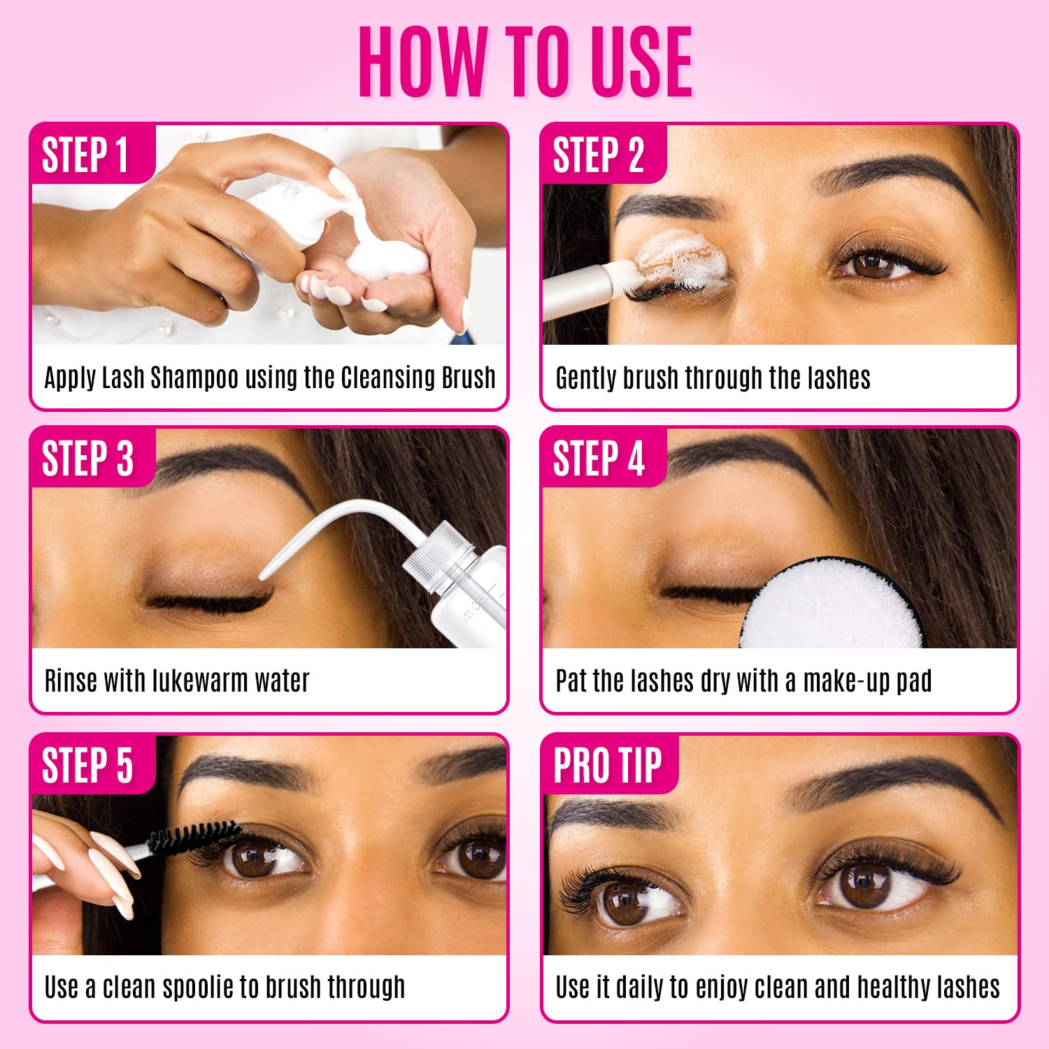 STACY LASH Lash Shampoo Kit Foaming Cleanser with Eye Lash Spoolies & Rinse Bottle & Cleansing Pad & Brush for Eyelash Extensions & Clusters & Natural Eyelashes-GlimoraGlow