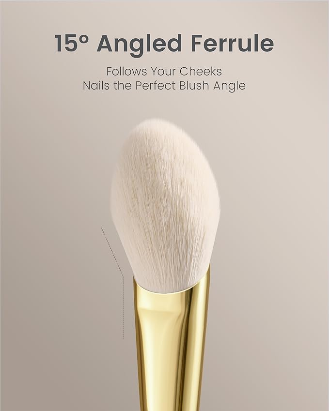 Desert Oak Series CM 160 Angled Blush Brush for Cheeks – Ideal for Powder & Cream Blush, Golden Brass Ferrule, Ebana Bubinga Handle, Soft Nylon Bristles-GlimoraGlow