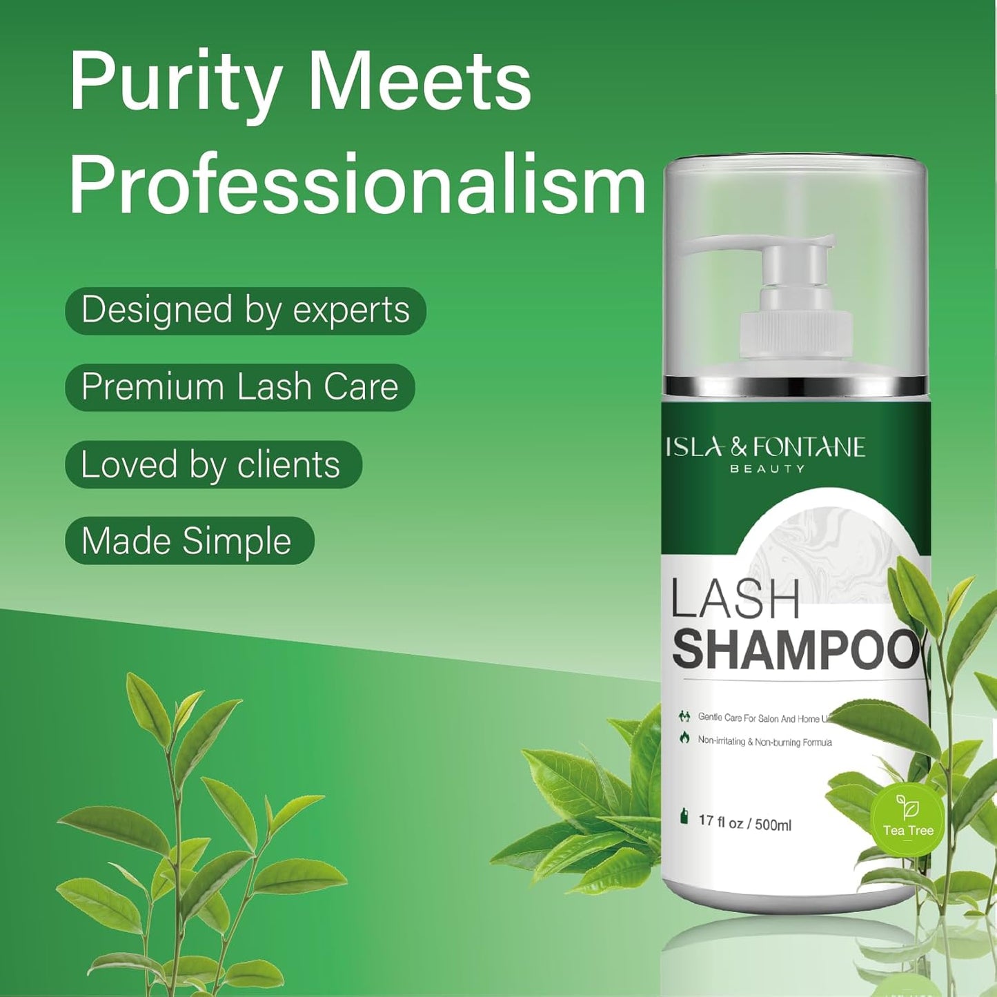 ISLA & FONTANE Lash Shampoo Bulk – Multi-Scent Series – 17 fl oz / 500ml | Gentle Eyelash Cleanser for Lash Extensions | Non-Irritating | Professional Lash Bath Foam For Salon And Home Use (Tea Tree)-GlimoraGlow