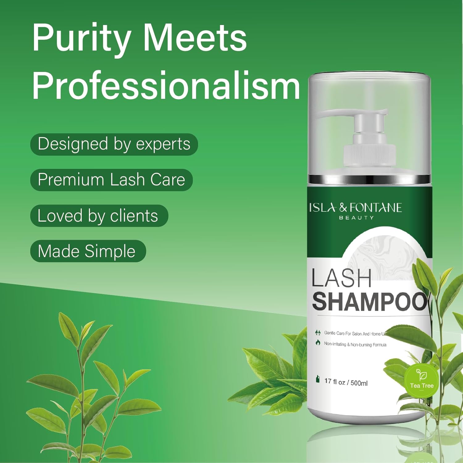 ISLA & FONTANE Lash Shampoo Bulk – Multi-Scent Series – 17 fl oz / 500ml | Gentle Eyelash Cleanser for Lash Extensions | Non-Irritating | Professional Lash Bath Foam For Salon And Home Use (Tea Tree)-GlimoraGlow