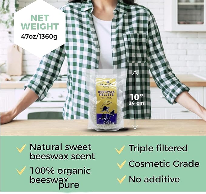 HUNNYBEE Beeswax Pellets 3LB, 100% Pure Bees Wax for DIY Candles, Skin, Body Cream, Face, and Hair Care, Lotions Deodorant, Lip Balm and Soap Making (Pure White, 3 lbs)-GlimoraGlow