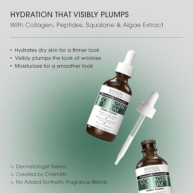 Advanced Clinicals Collagen Serum For Face | Visible Anti Aging Collagen Peptide Serum + Hyaluronic Acid Moisturizer Improves Look Of Wrinkles, Dry Skin, & Fine Lines, No added Fragrance, 2-Pack-GlimoraGlow