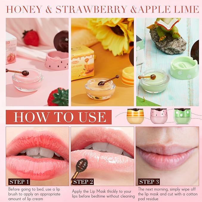 12 Pcs Bee Lip Balm Honey Pot with Brush Propolis Lip Mask Overnight, Moisturizing Hydrating Lip Sleeping Mask Prevention Dry and Cracked(Honey+Strawberry+Apple Lime)-GlimoraGlow