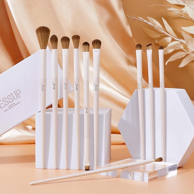 Jessup Precision Makeup Brushes 10Pcs Eye Makeup Brush Set Premium Synthetic Eyeshadow Concealer Eyeliner Eyebrow Blending Highlight Brush, Light Grey T330-GlimoraGlow