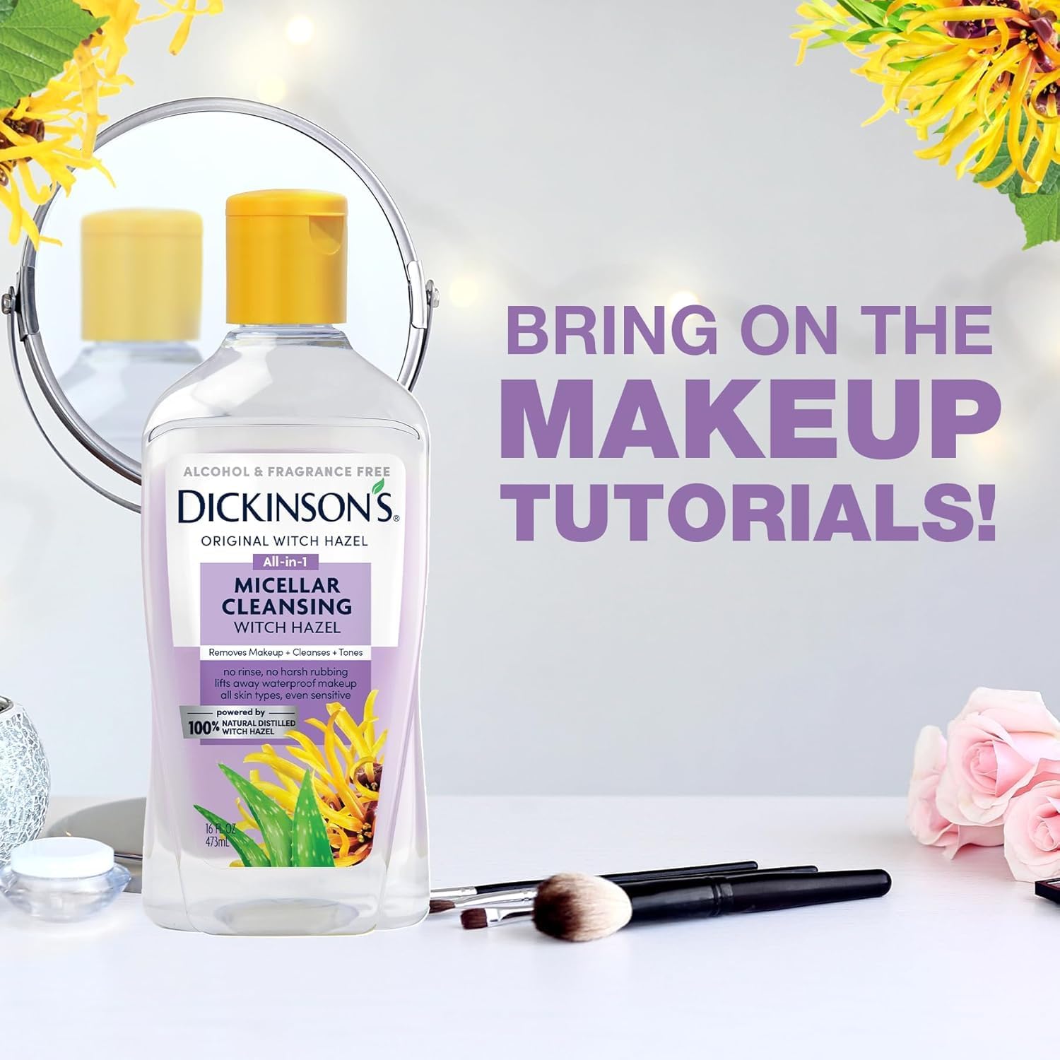 Dickinson's Micellar Cleansing Witch Hazel | 100% Natural Distilled Witch Hazel | Alcohol & Fragrance Free | Makeup Remover, Skin Cleanser, Facial Toner | Removes Dirt, Oil, Makeup | 8 Fl Oz-GlimoraGlow