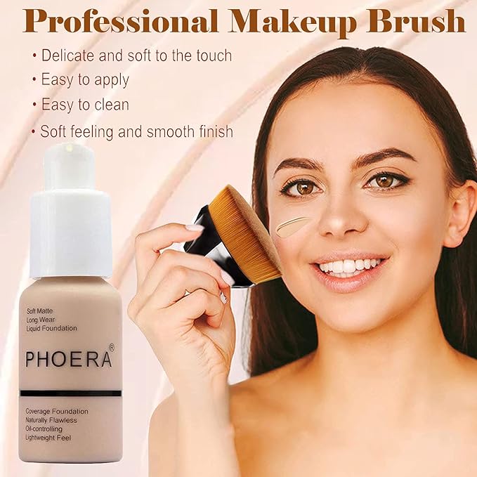 2 Pcs Phoera Foundation Makeup 102 and 104 Liquid Full Coverage 24HR Matte Oil Control Foundation Makeup Concealer (Nude & Buff Beige) with Kabuki Foundation Brush Flat Top-GlimoraGlow