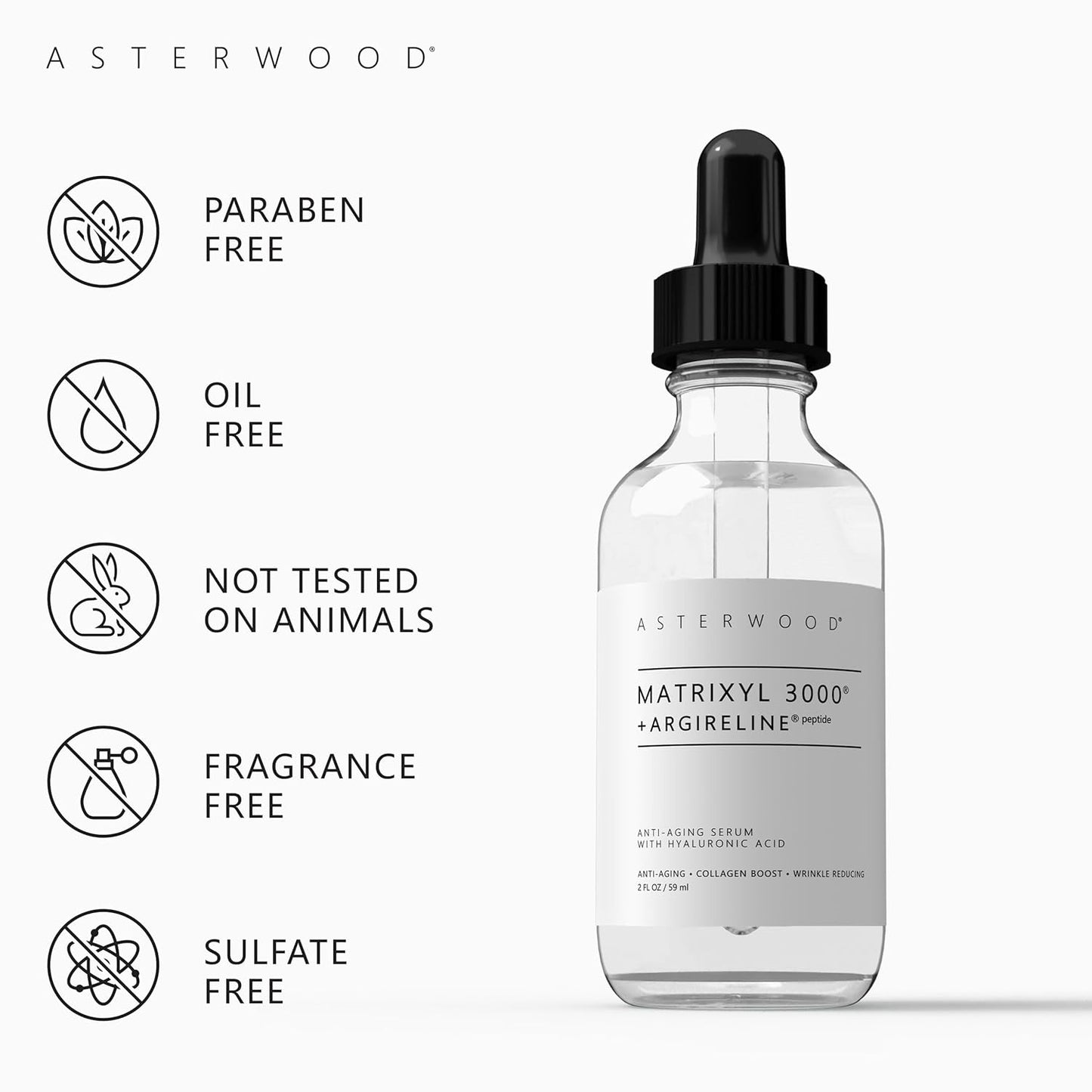 Asterwood Matrixyl 3000 + Argireline Serum with Hyaluronic Acid - Anti-Aging, Wrinkle Reducing, Collagen Boosting - Fragrance-Free - 2 Fl Oz-GlimoraGlow