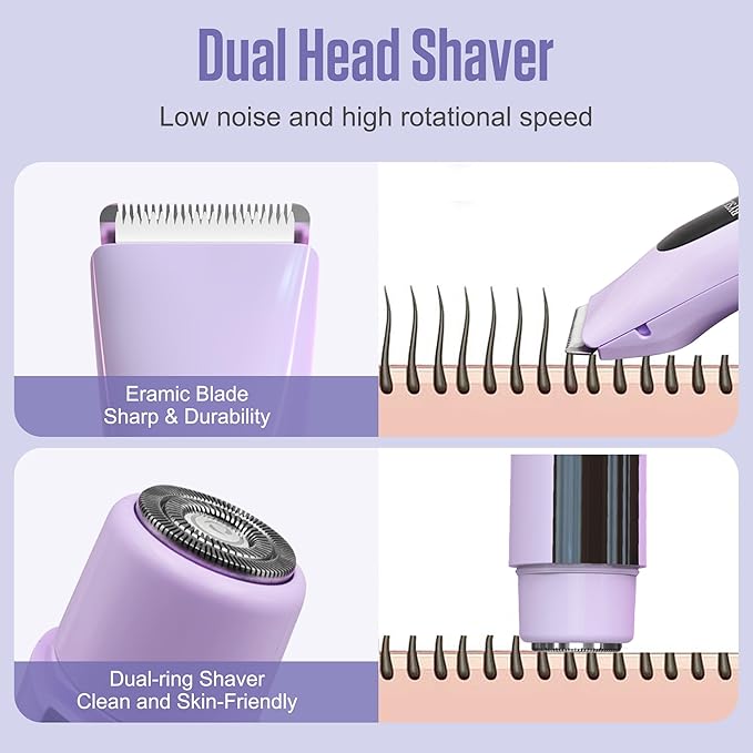 2 in 1 Bikini Trimmer for Women Dual Head Electric Shaver with LED Display,IPX7 Waterproof Wet & Dry, Painless Shaver for Underarm Leg Arm Body Face Private Area Purple-GlimoraGlow