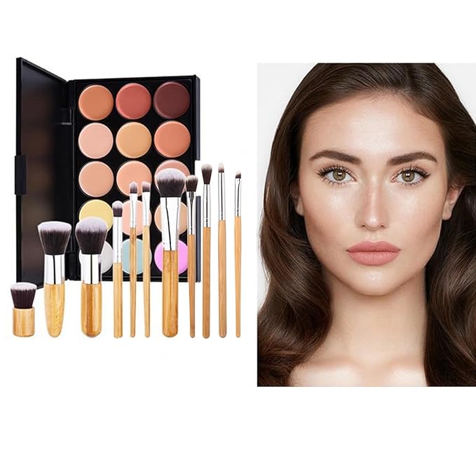 15 Colour Makeup Contour Palette Cream Kit, with 11 Pcs Complete Function Makeup Brushes Set and Storage Bag, Highlighting Light, Medium to Dark, Vegan & Cruelty Free-GlimoraGlow