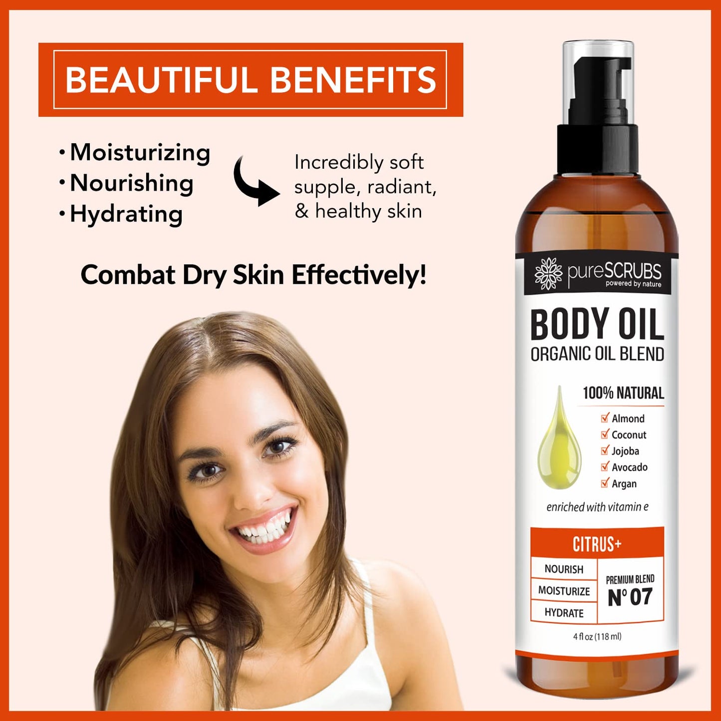 pureSCRUBS Ultra Moisturizing Citrus+ Body Oil Spray for Dry Skin, Massage, Cuticles & More Organic Super Blend of Jojoba, Argan, Coconut, Sweet Almond & Avocado Oils Enriched with Vitamin E, Lg 4oz-GlimoraGlow