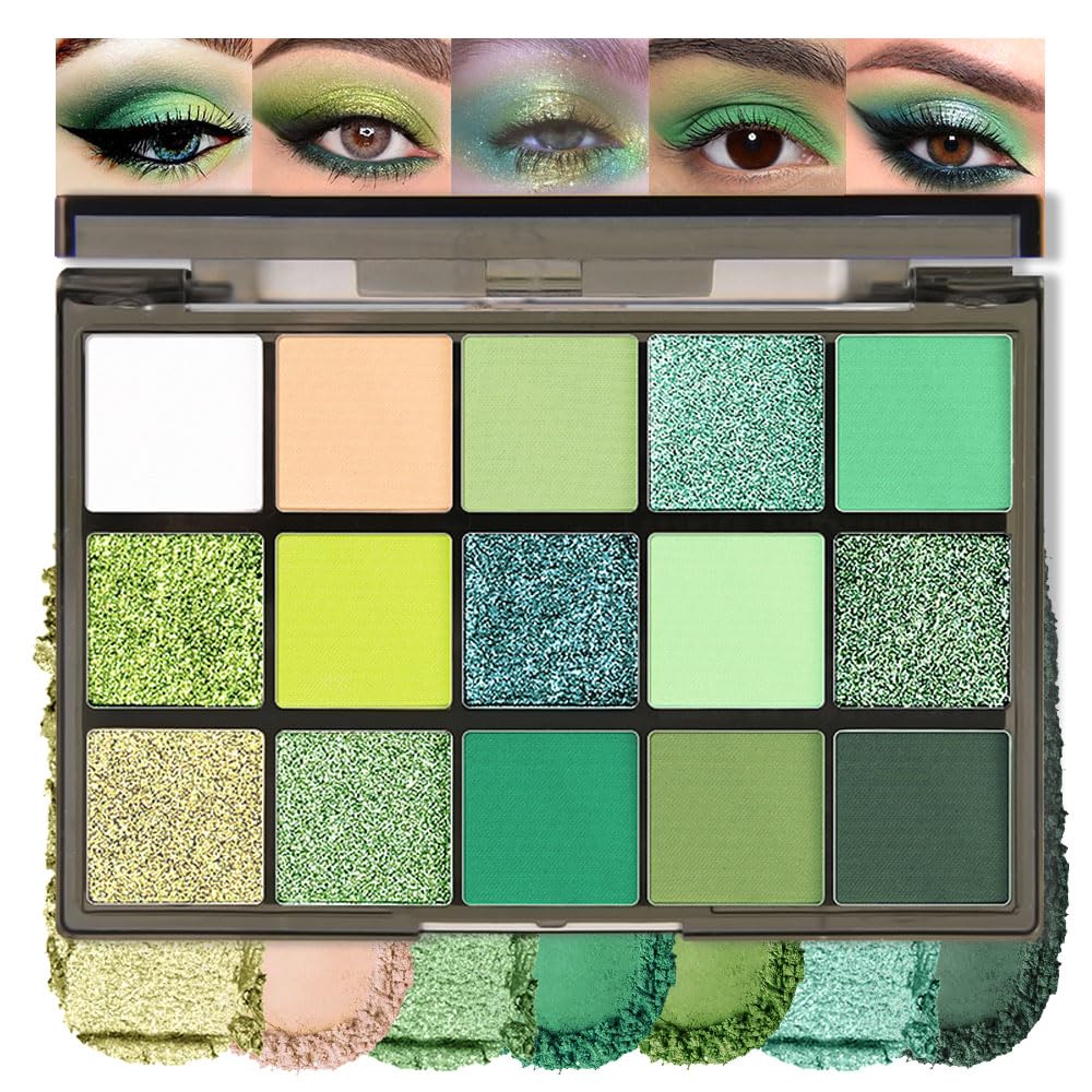 15 Colors Green Matte & Shimmer Eyeshadow Palette - Olive Teal GreenYellow DarkSeaGreen LimeGreen Pink White Eye Shadow Primers Powder for Smoky Looks, Makeup Artist Friendly, Vegan & Cruelty-Free-GlimoraGlow