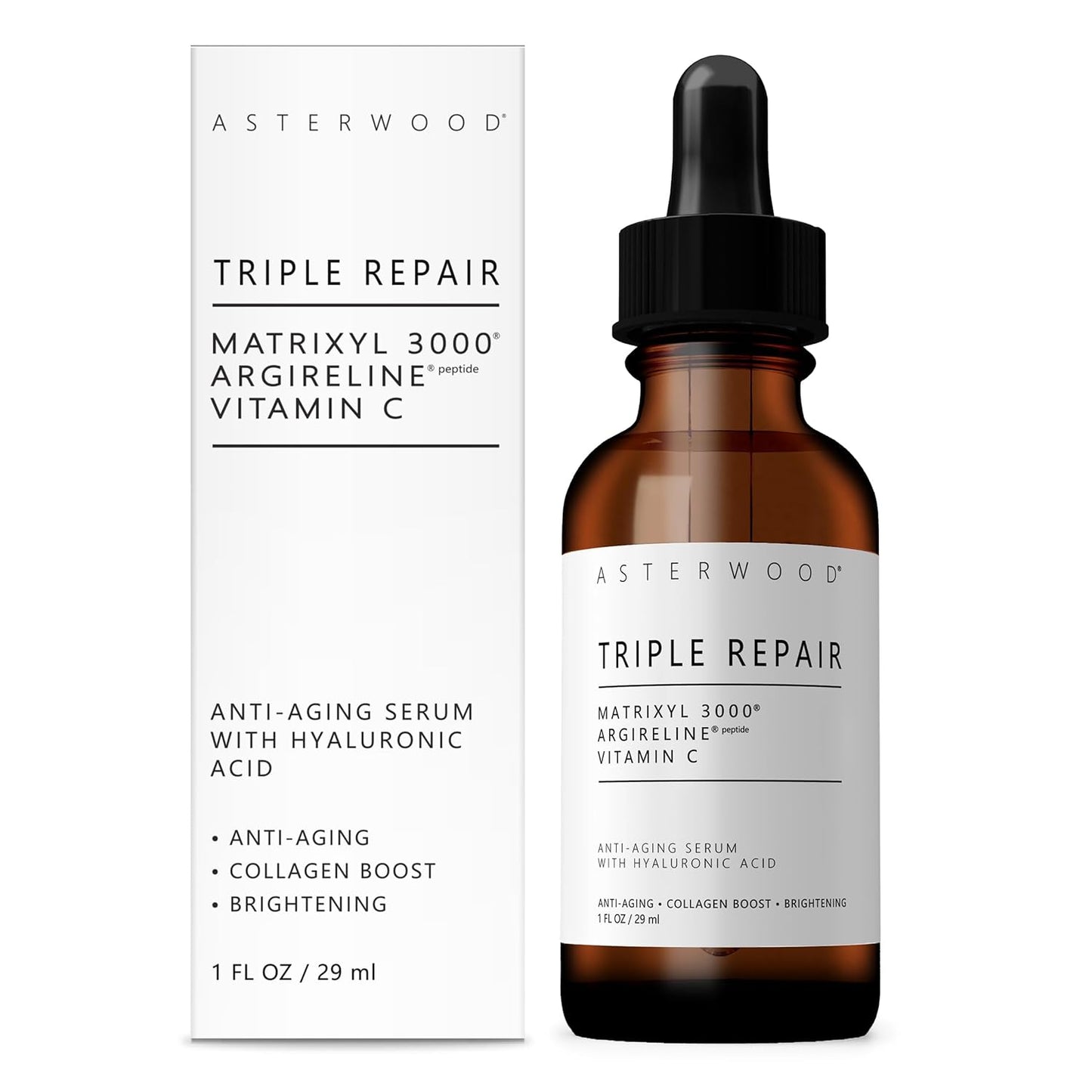 Asterwood Triple Repair Matrixyl 3000 + Argireline + Hyaluronic Acid + Vitamin C Serum for Face - Anti-Aging, Collagen Boosting, Hydrating - Fragrance-Free - 1 Fl Oz-GlimoraGlow