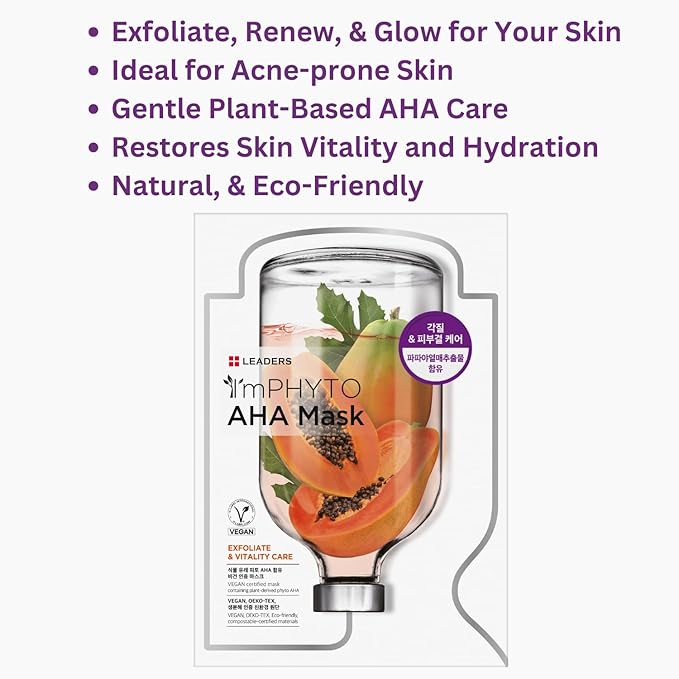 I'MPHYTO Leaders Facial Mask 10 Sheet AHA Vegan Mask | Exfoliating& Vitality Skin Care | Plant-Derived Ingredients | Papaya Fruit Extract | Certified Vegan | Natural Cellulose Sheet-GlimoraGlow