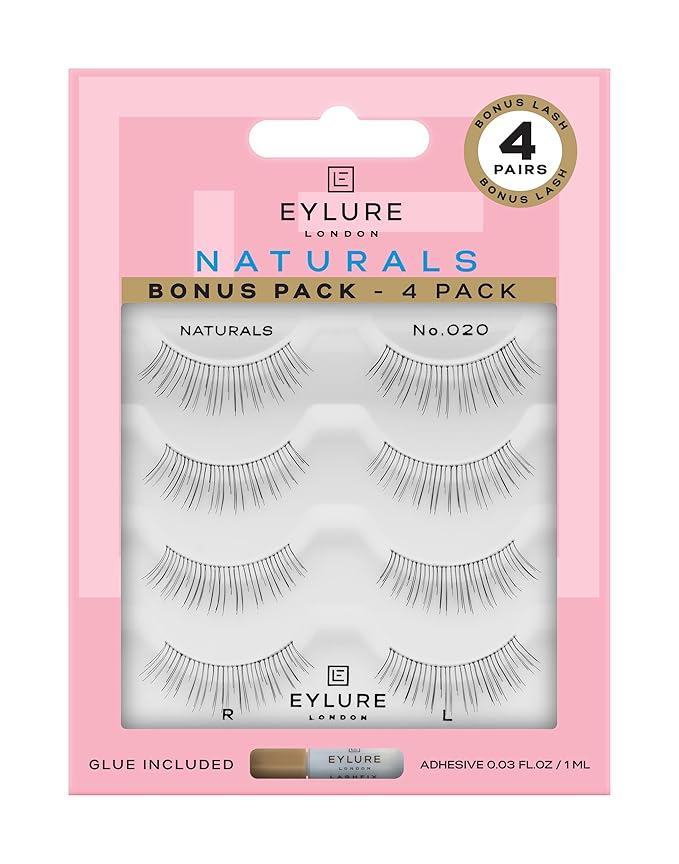 Eylure Naturals No. 020 Reusable Eyelashes, Adhesive Included, Black, 4 Pairs-GlimoraGlow
