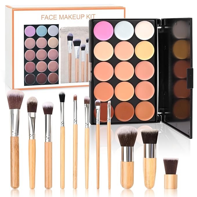 15 Colour Makeup Contour Palette Cream Kit, with 11 Pcs Complete Function Makeup Brushes Set and Storage Bag, Highlighting Light, Medium to Dark, Vegan & Cruelty Free-GlimoraGlow