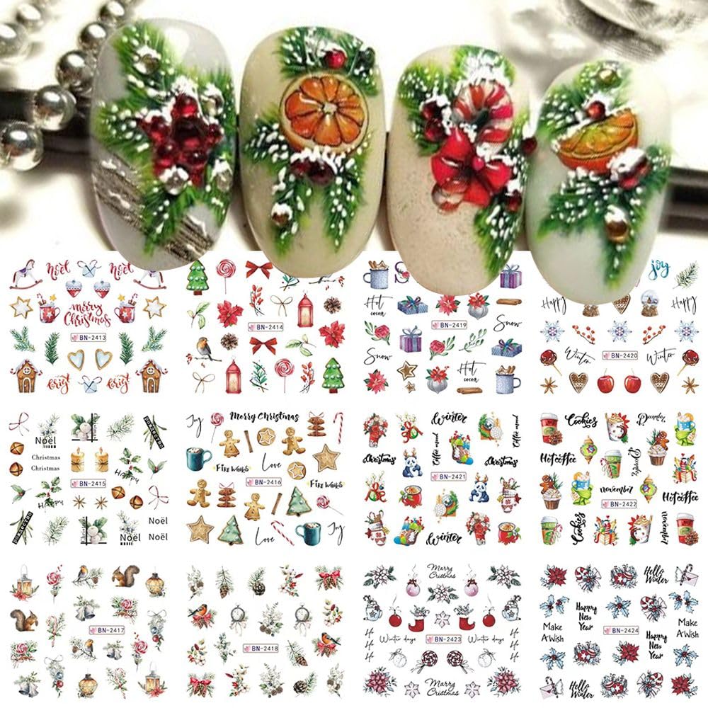 12 Sheets Christmas Nail Art Stickers Snowflake Water Transfer Nail Decals Holographic Gingerbread Man Snow Trees Winter Design Watermark Nail Foils Stickers for Women Xmas Nail Decorations-GlimoraGlow