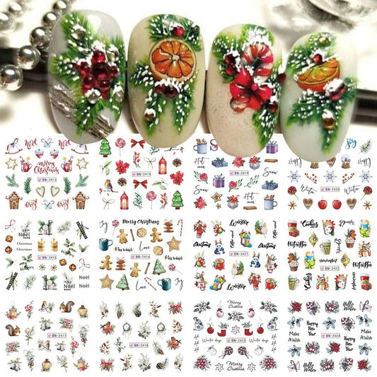 12 Sheets Christmas Nail Art Stickers Snowflake Water Transfer Nail Decals Holographic Gingerbread Man Snow Trees Winter Design Watermark Nail Foils Stickers for Women Xmas Nail Decorations-GlimoraGlow