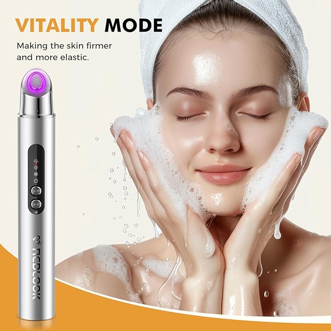 REDLOOK Depuffing Wand - Multi-Mode Cold & Heat Eye with Massager,At Home Face Roller Tool, Beauty Wand for Puffiness Reduction, Dark Circles, and Let The Skin Be Full of Radiance - Silver-GlimoraGlow