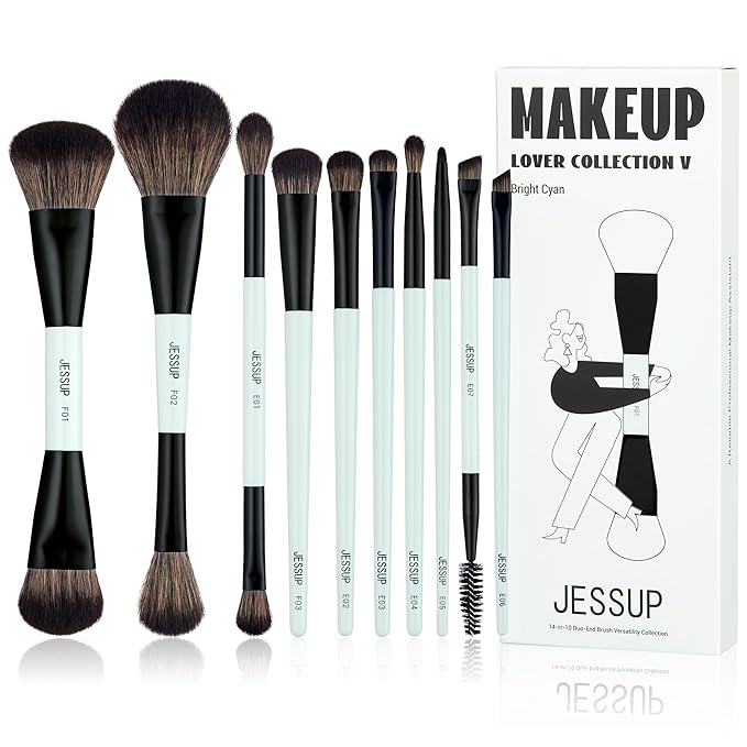 Jessup Makeup Brushes Set 10pcs, Double Sided Foundation Contour Blush Highlight Blending Eyebrow Brush Eyeshadow Eyeliner Concealer Brush, Bright Cyan Cruelty Free Cosmetic Tools T500-GlimoraGlow