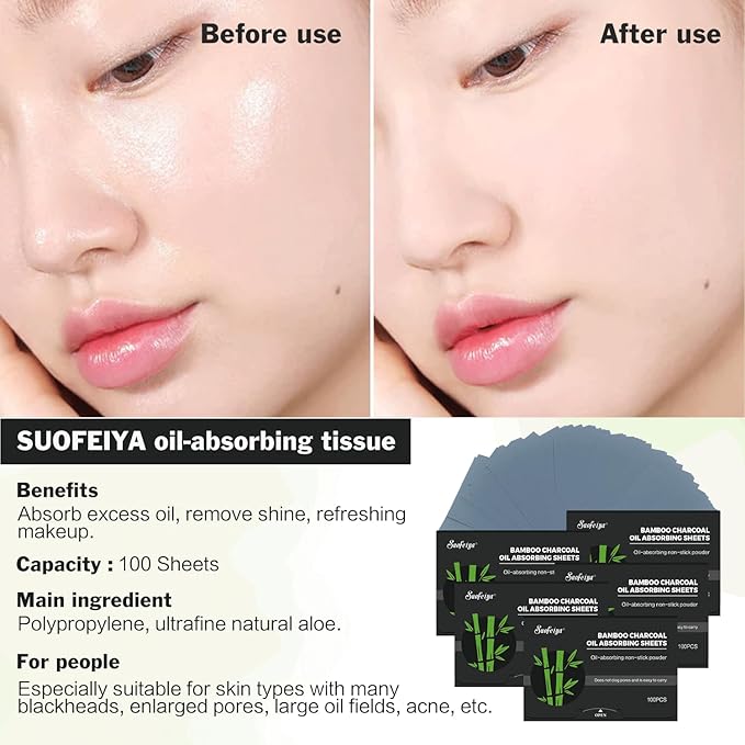 Natural Bamboo Charcoal Oil Absorbing Tissues - 4pk/400 Oil Blotting Sheets For Face, Oil Control Film, Oil Absorbing Sheets, Makeup Friendly-GlimoraGlow