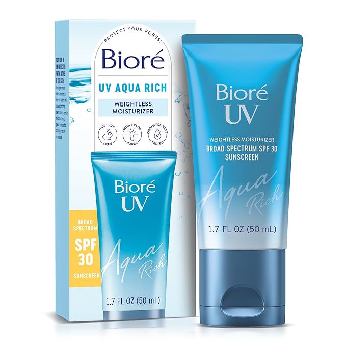 Biore UV Aqua Rich SPF 30 PA+++ Daily Moisturizer Sunscreen for Face, For Sensitive Skin, Oil Free, Hyaluronic Acid, Vegan, Oxybenzone & Octinoxate Free, Dermatologist Tested, 1.7 Oz-GlimoraGlow