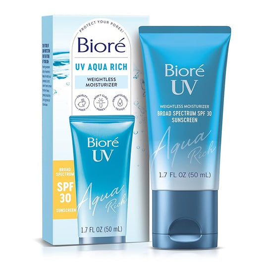 Biore UV Aqua Rich SPF 30 PA+++ Daily Moisturizer Sunscreen for Face, For Sensitive Skin, Oil Free, Hyaluronic Acid, Vegan, Oxybenzone & Octinoxate Free, Dermatologist Tested, 1.7 Oz-GlimoraGlow