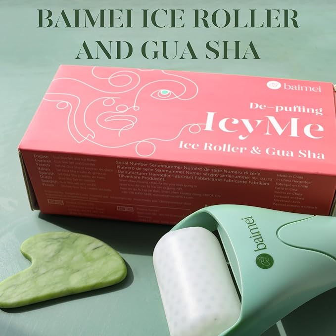 BAIMEI IcyMe Cryotherapy Ice Roller and Gua Sha Facial Tools Reduces Puffiness Migraine Pain Relief, Skin Care Tools for Face Massager Self Care Gift for Men Women - Green-GlimoraGlow