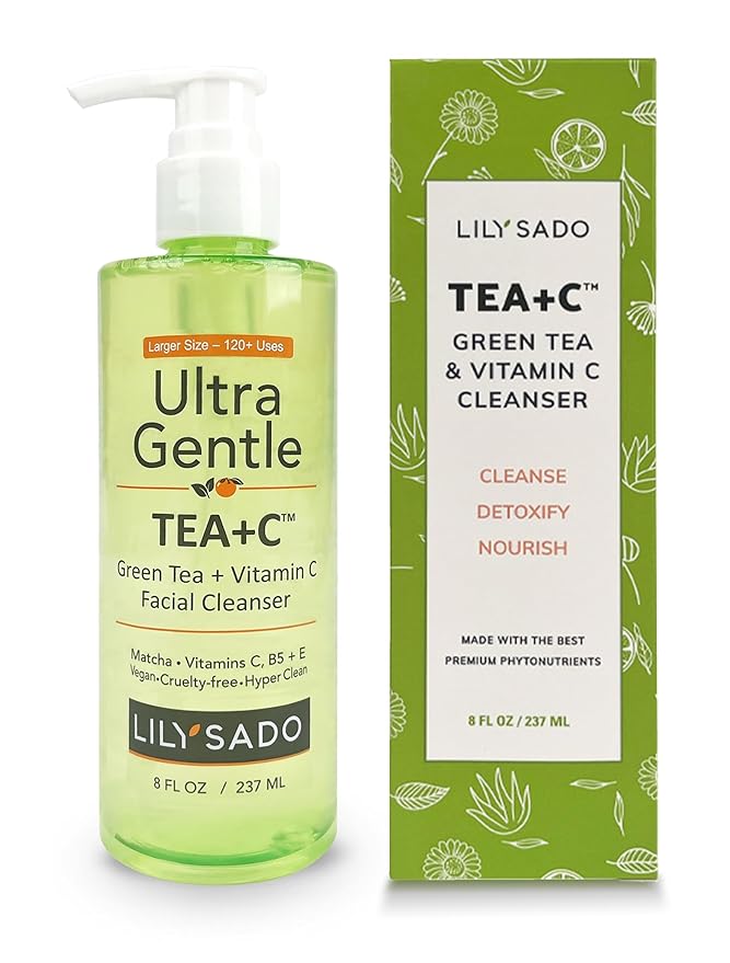 LILY SADO TEA+C™ Green Tea & Vitamin C Face Cleanser – Natural Vegan Antioxidant Daily Face Wash with Aloe, Rosehip, Meadowfoam - Gentle Deep Cleansing for Acne, Blackheads, Blemishes. 8 oz-GlimoraGlow