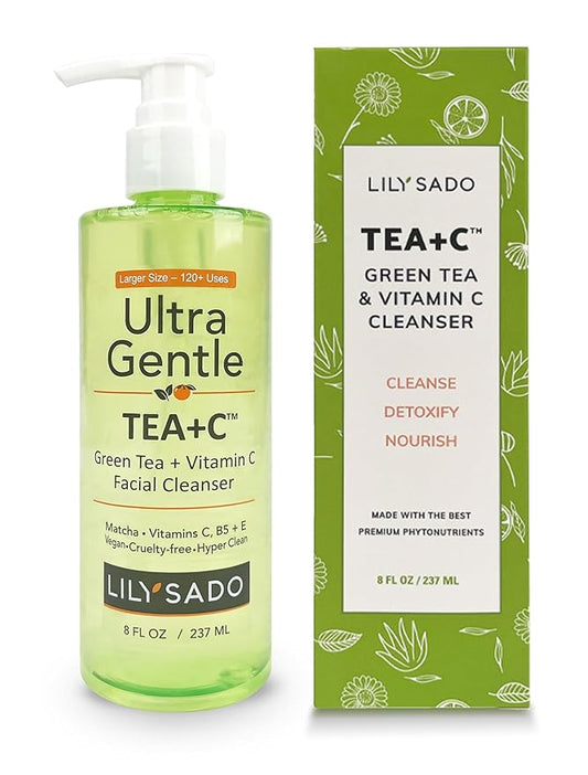 LILY SADO TEA+C™ Green Tea & Vitamin C Face Cleanser – Natural Vegan Antioxidant Daily Face Wash with Aloe, Rosehip, Meadowfoam - Gentle Deep Cleansing for Acne, Blackheads, Blemishes. 8 oz-GlimoraGlow