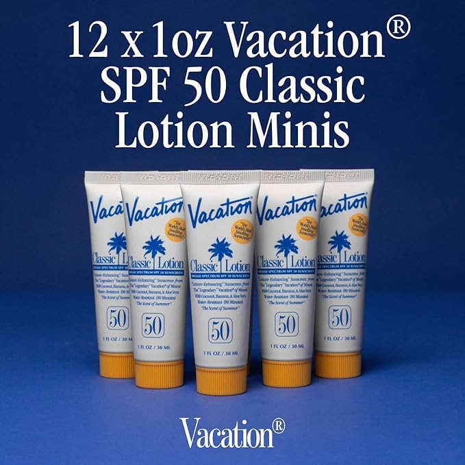 Vacation Mini Classic Lotion SPF 50, Water-Resistant, Mini Sunscreen Bulk Party Favor, Beach Must Haves, Traveling Essentials, Suntan Lotion Travel Size, 1 Fl. Oz. (Value Pack of 12)-GlimoraGlow