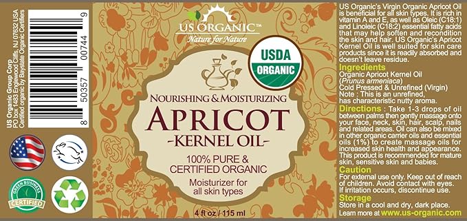 US Organic Apricot Kernel Oil, USDA Certified Organic,100% Pure & Natural, Cold Pressed Virgin, Unrefined in Amber Glass Bottle w/Glass Eyedropper for Easy Application (4 oz (Large))-GlimoraGlow