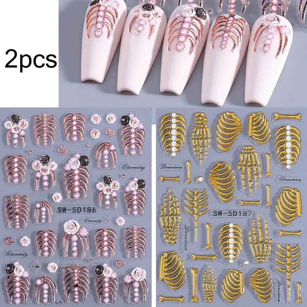 2 Sheets 5D Embossed Skull & Bone Nail Decals for Nail Art Self-Adhesive Halloween Nail Stickers Pink Hand Bone Rose Flower Nail Art Stickers Scary Gold Bones Design Decals for Women Nail Accessories-GlimoraGlow
